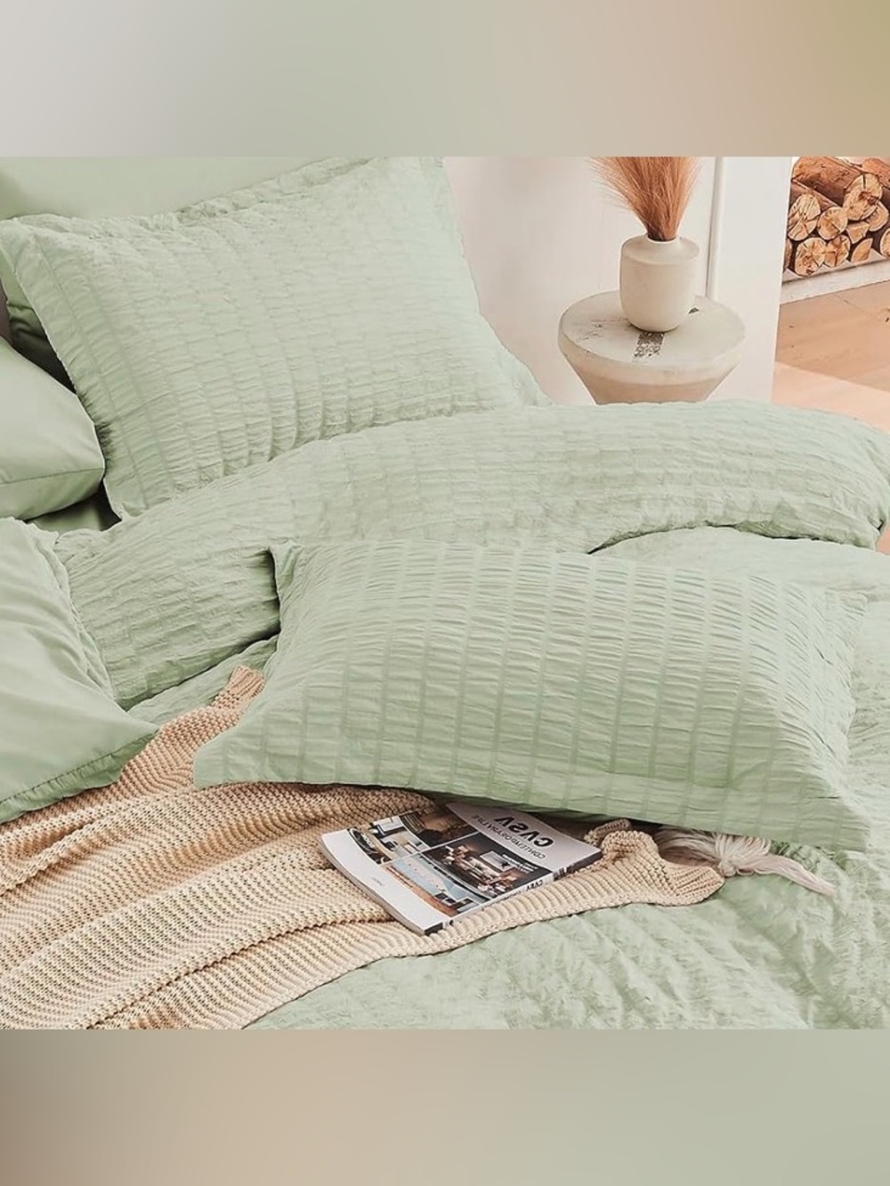 Seersucker Full Sheets & Shams Set 4PC Sage Light Green Bedding Fitted Flat Only